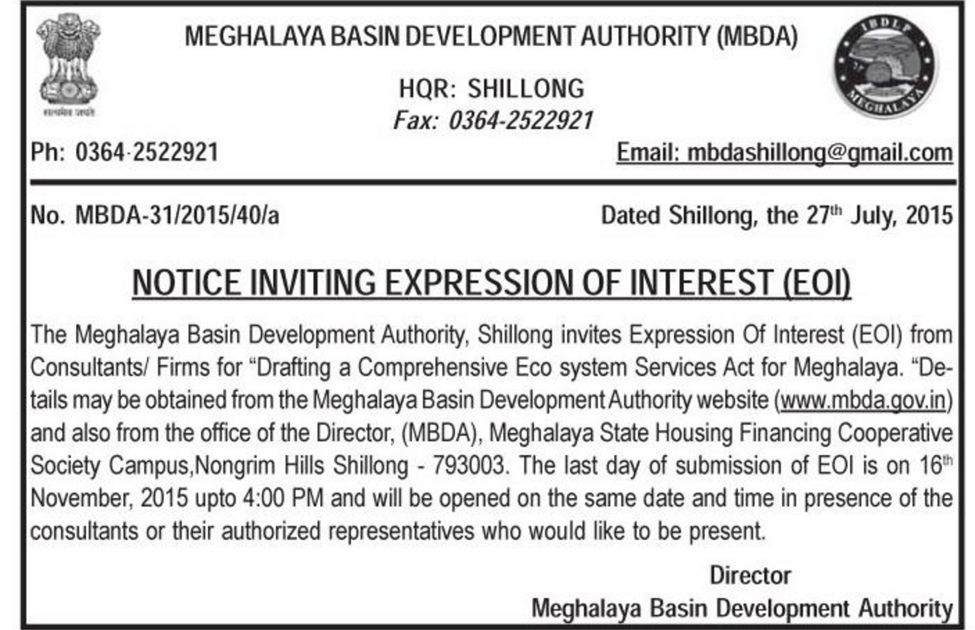 Advertisement by Meghalaya Basin Development Authority