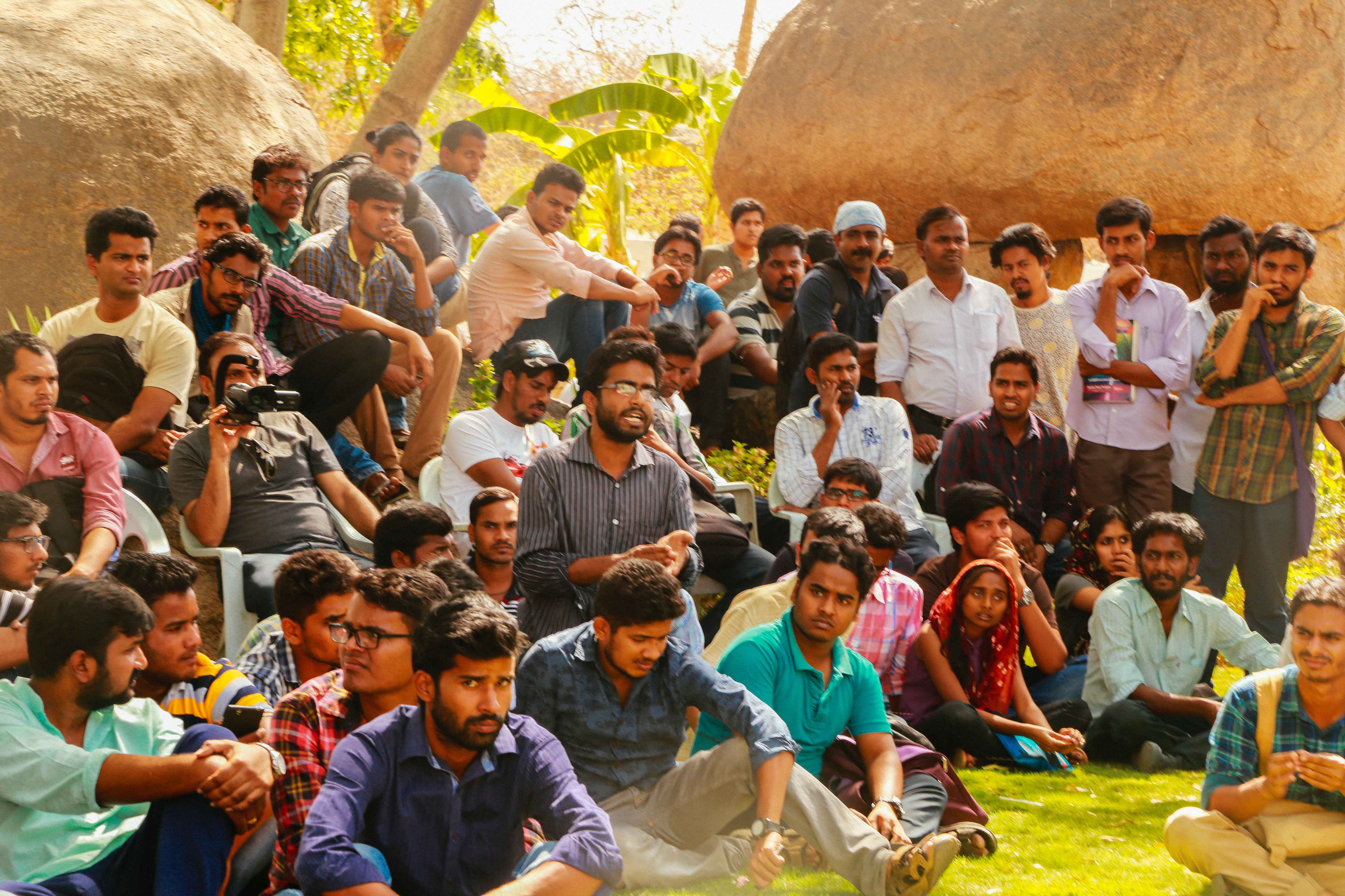 Students and faculty interacting to plan further action. Tathagatha a faculty of maths department who is also in custody now speaking