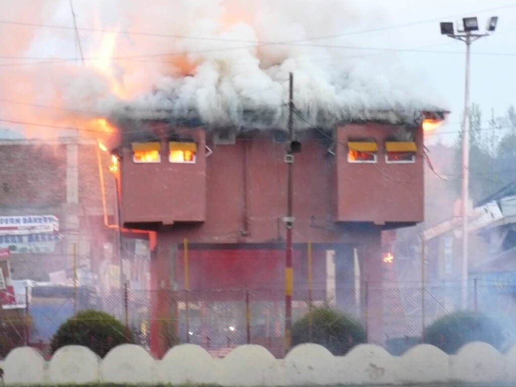 The army bunker in Handwara town set on fire via Facebook
