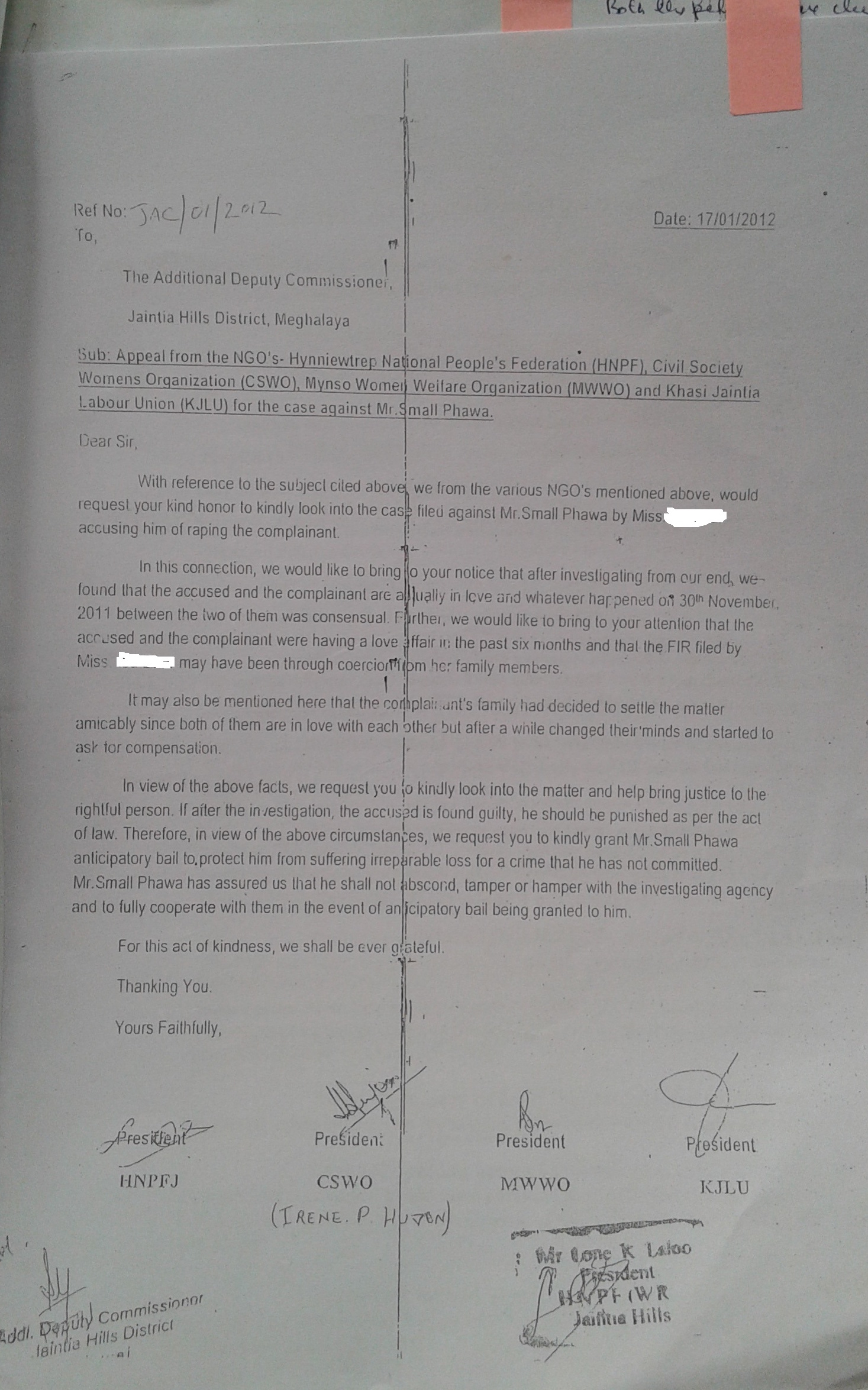 On the 10 Jan 2012 the SP Jaintia Hills directs the OC Jowai to submit a detailed investigation report of Jowai PS case No 177(11)2011 On 12th Jan 2012 the IO submits the detailed report to the SP Jaintia Hills