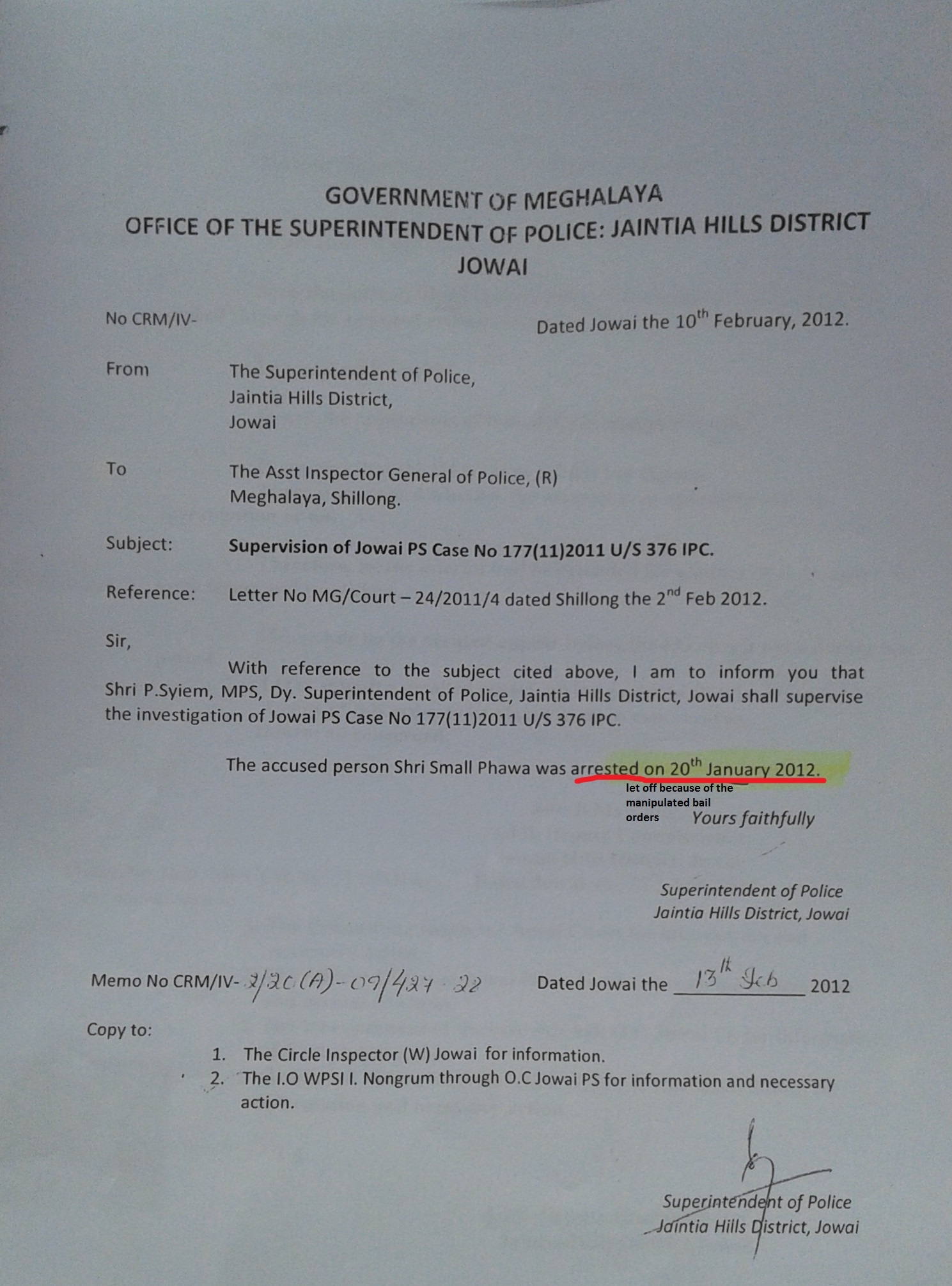 Letter from Superintendent of Police Jaintia Hills Jowai to AIGP(R), Meghalaya