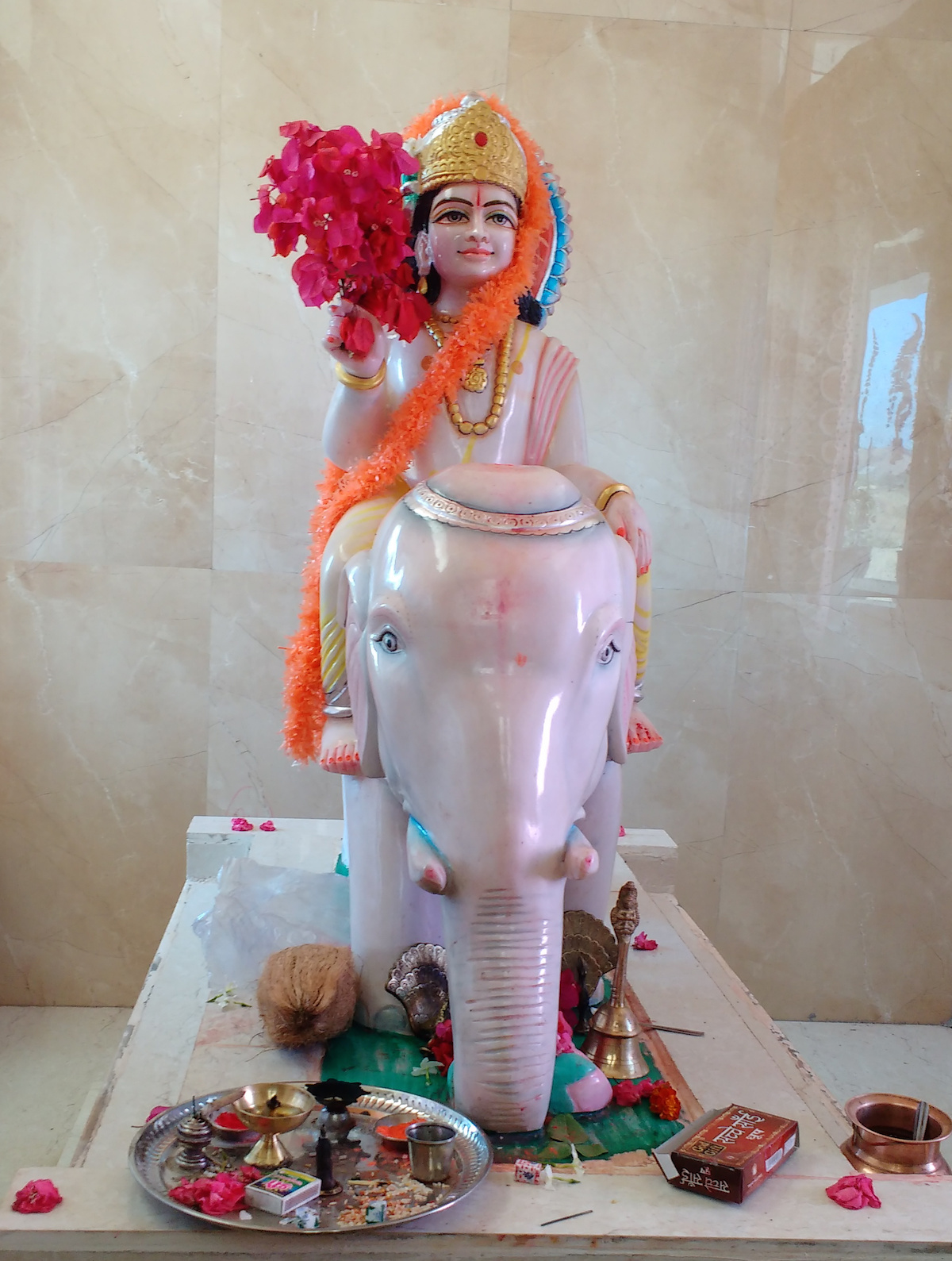The white marble Indal statue shown as riding an elephant at the ‘Temple’ at Matli village
