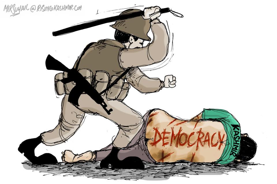 Mir Suhail, a political cartoonist based in Kashmir manifests how Indian security forces teach lessons of democracy to Kashmiris.
